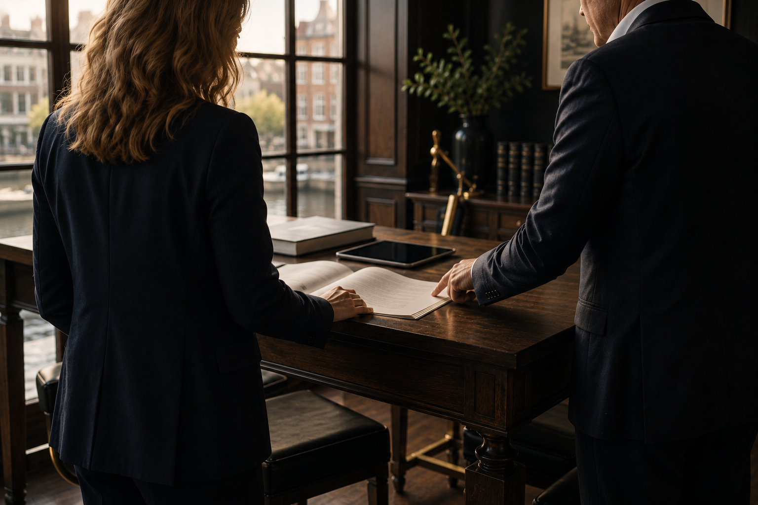 Notaris in gesprek met cliënt aan het bureau